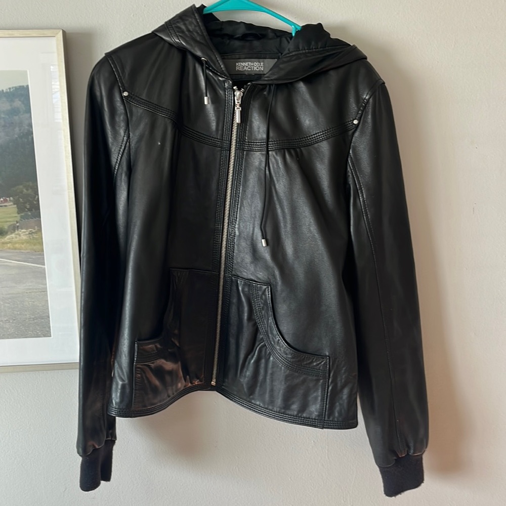 Kenneth Cole Reaction leather hoodie jacket